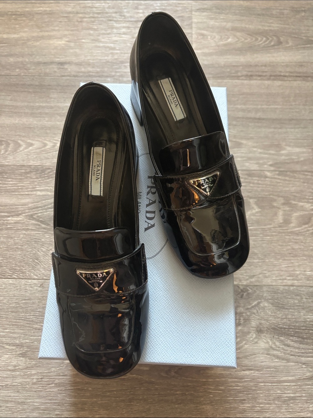 Prada Black Patent Leather Penny Loafers with Logo Plaque 37